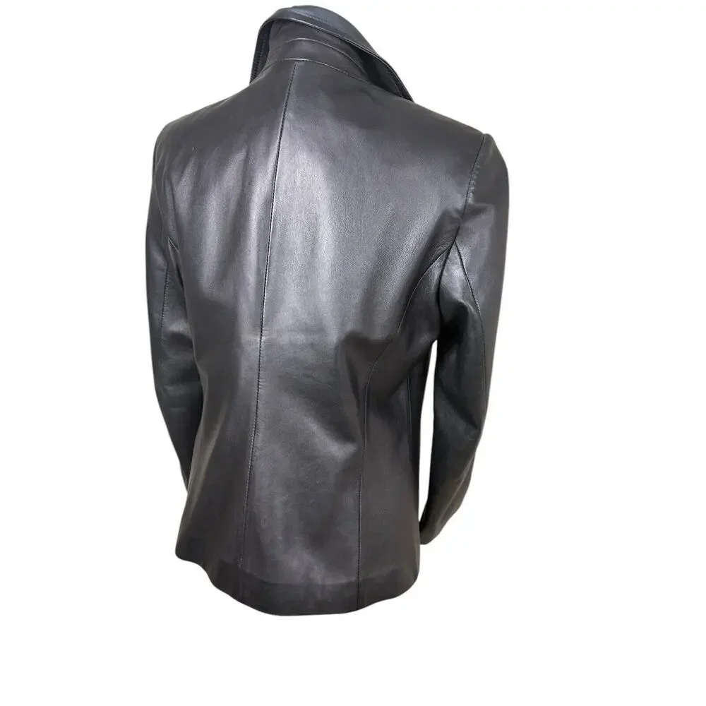 Vera Pelle Italian Leather Coat Womens Size M Black Smooth 70's Retro Matrix‎